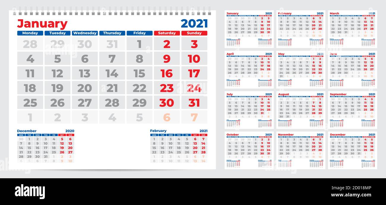 Calendario 2021. La semana comienza el lunes. Conjunto de 12 meses. Listo  para imprimir. Ilustración vectorial Imagen Vector de stock - Alamy