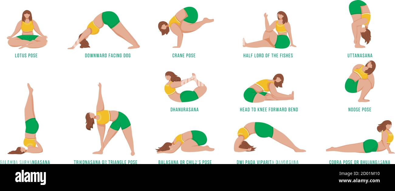 Yoga un de ilustraciones vector plano. Mujeres causianas haciendo asanas de yoga en amarillo y verde ropa deportiva. Figuras femeninas haciendo ejercicios físicos Imagen Vector de stock - Alamy