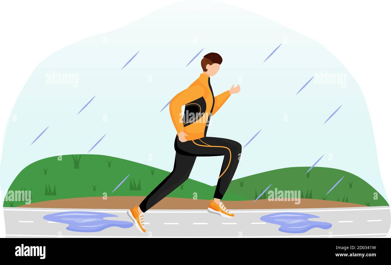 Ilustración de vector de color plano de atleta. Hombre en ropa deportiva y  zapatillas de deporte. Día lluvioso. Deportista de running. Clima húmedo.  Hombre en pista de carrera sin rostro Imagen Vector