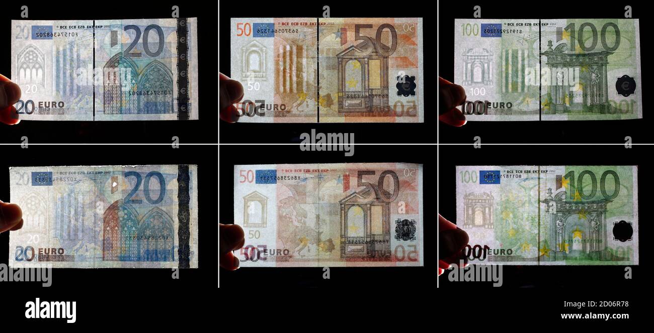 Inspector Anterior derrochador A combination of pictures shows genuine (top) and counterfeit euro  banknotes presented in the Austrian National Bank (OeNB) in Vienna, January  21, 2011. The value of the euro may have come under