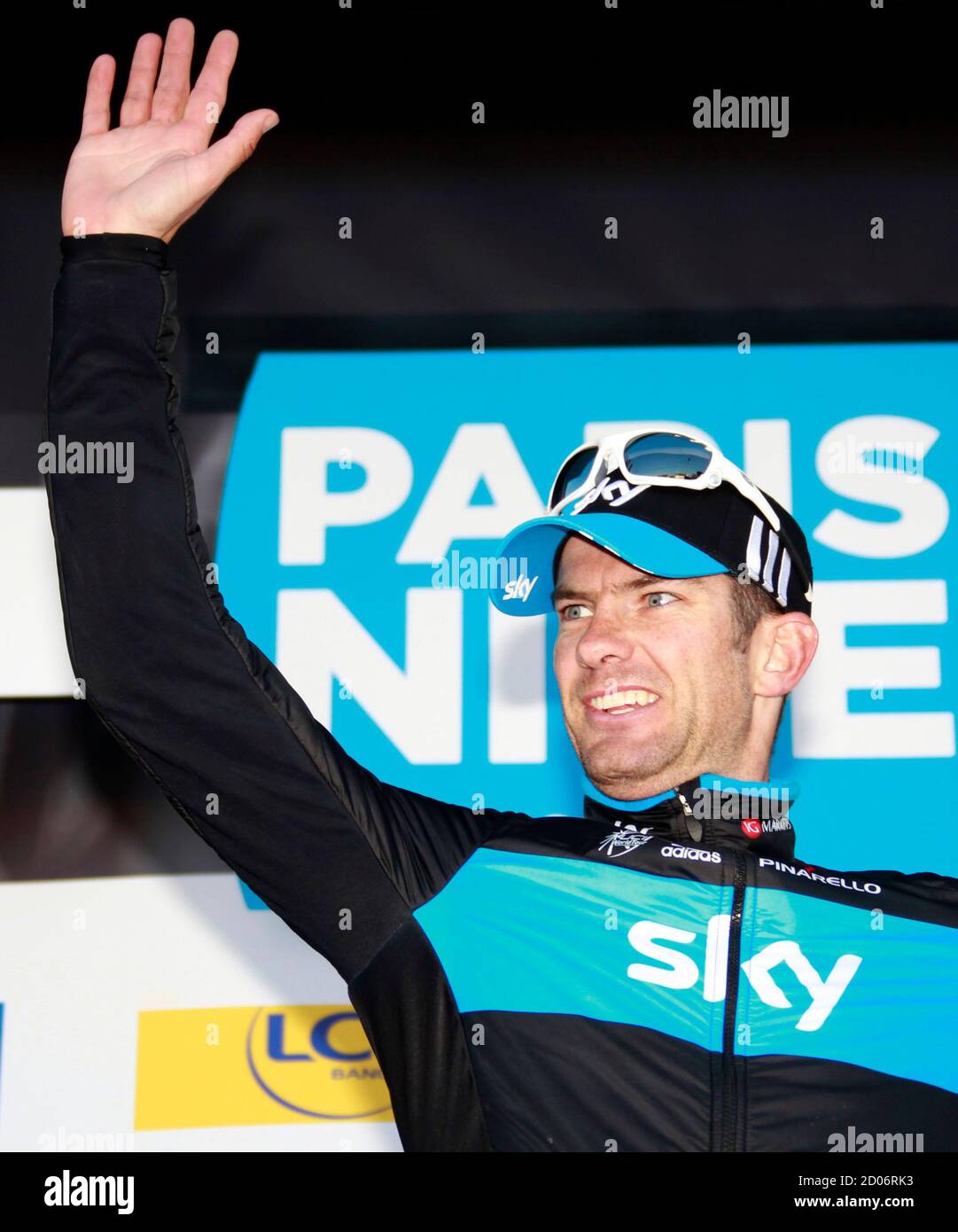 Sky team rider Gregory Henderson of New Zealand celebrates winning the second stage of the Paris-Nice cycling race between Montfort-L'Amaury and Amilly March 7, 2011. REUTERS/Eric - Tags: SPORT CYCLING