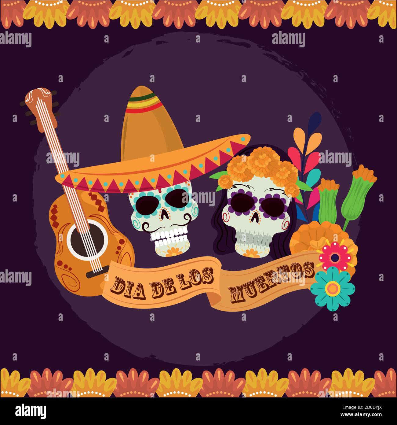 día de los muertos, cráneos catrina con sombrero flores y guitarra,  celebración mexicana vector ilustración Imagen Vector de stock - Alamy