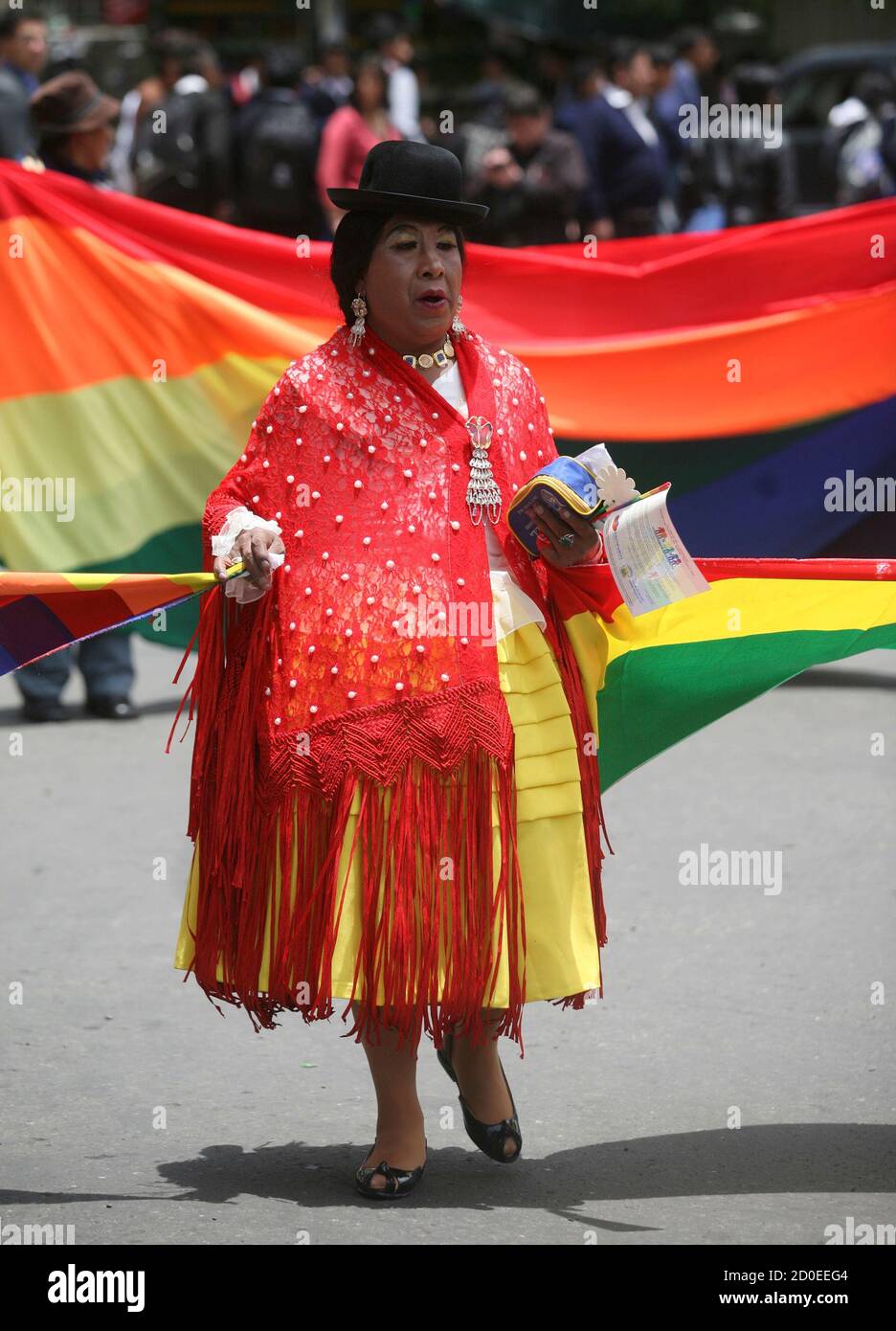 Un manifestante con ropa tradicional de chola Boliviana (mujeres) participa  en un desfile de derechos de los homosexuales contra la homofobia y en  apoyo de la legalización del matrimonio gay, en la