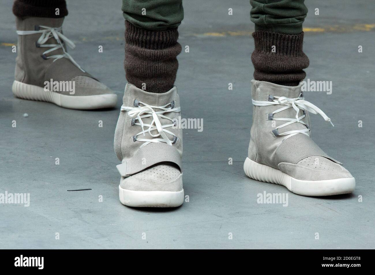 A model wears a pair of Adidas Boost shoes designed by Kanye West as part of Fall/Winter 2015 partnership line with Adidas at York Fashion Week February 12,