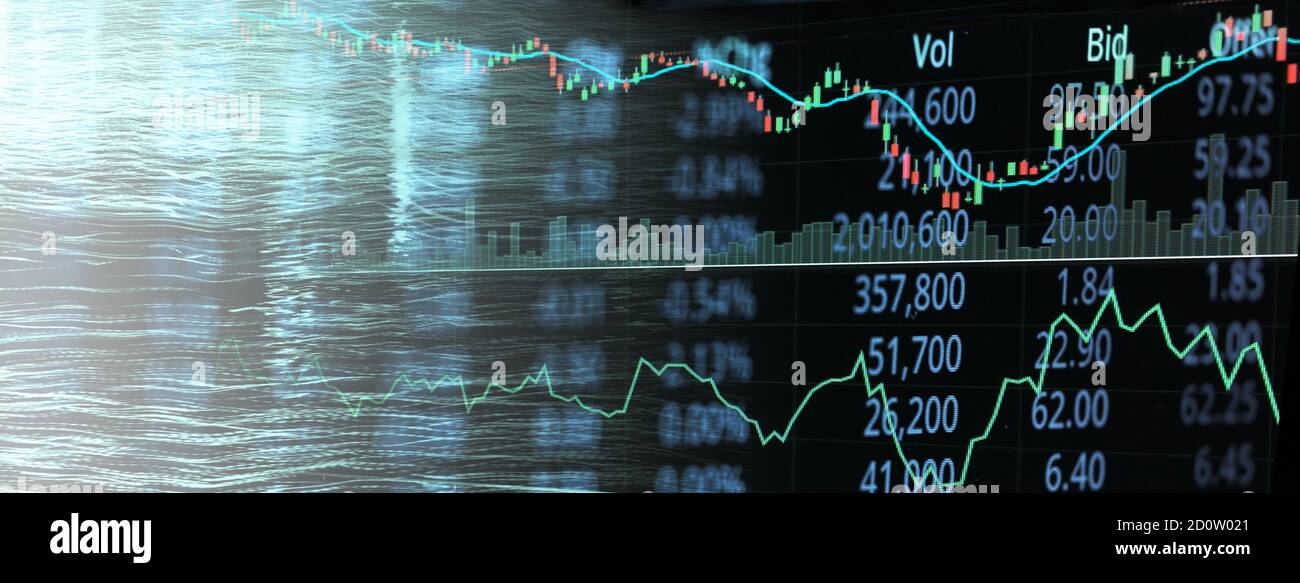 varilla de vela y gráfico indicador línea de la acción del mercado comercial y el número de índice en la tecnología digital azul brillante luz borrosa línea banner negocio backgroun Foto de stock