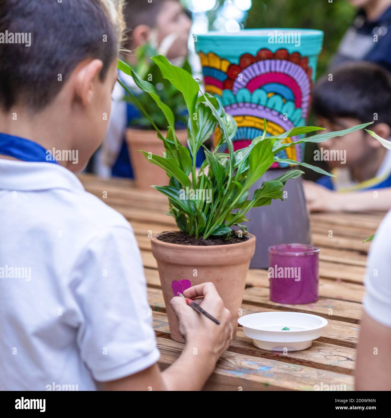 Los niños están pintando plantas en macetas de cerámica de cerca Fotografía  de stock - Alamy