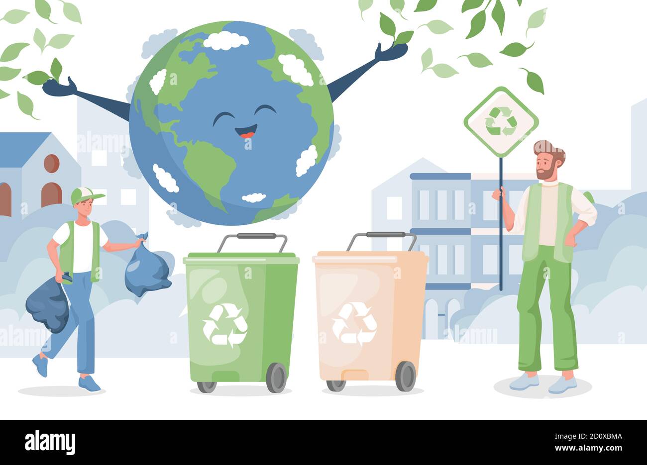 Sonriente chico poniendo basura en contenedores, hombre sostener pancartas con signo de reciclaje. Feliz planeta Tierra. Cuidado con nuestro planeta, cero residuos, separación de residuos vector plano concepto. Ilustración del Vector