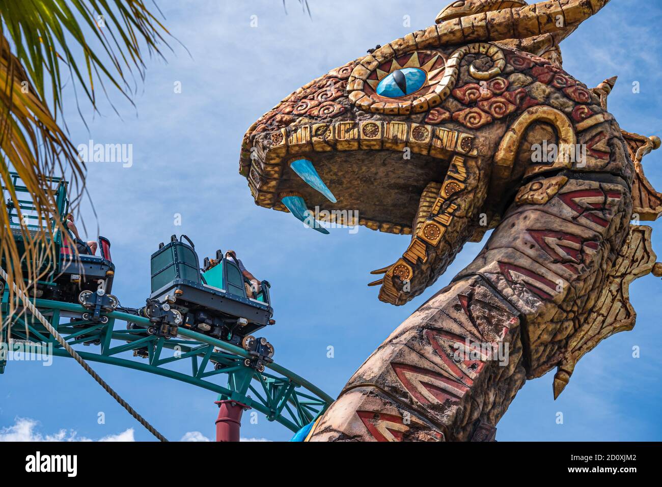 Los que buscan emociones disfrutan de la maldición de Cobras, un paseo en bicicleta de montaña rusa en el Busch Gardens Tampa Bay en Tampa, Florida. (EE.UU.) Foto de stock