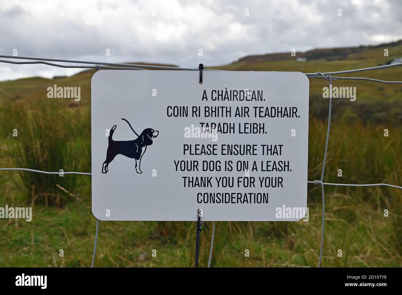 Señal blanca y negra que pide que los perros se mantengan en una correa. Escrito en inglés y gaélico escocés. Ilustración de perro. Fondo rural. Foto de stock