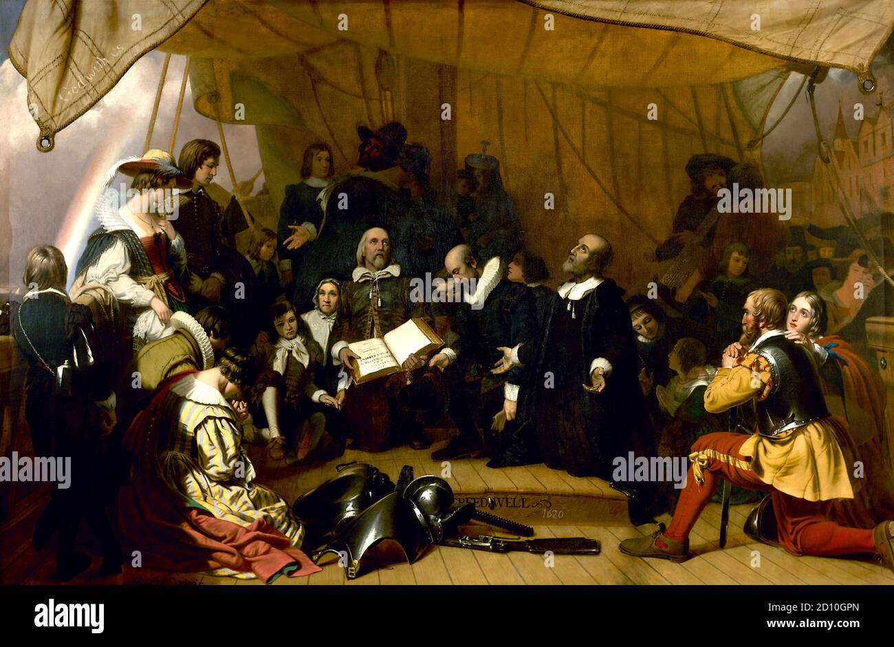 Peregrinos John Carver, William Bradford y miles Standish en oración durante su viaje a Norteamérica. 1844 pintura de Robert Walter Weir. Foto de stock