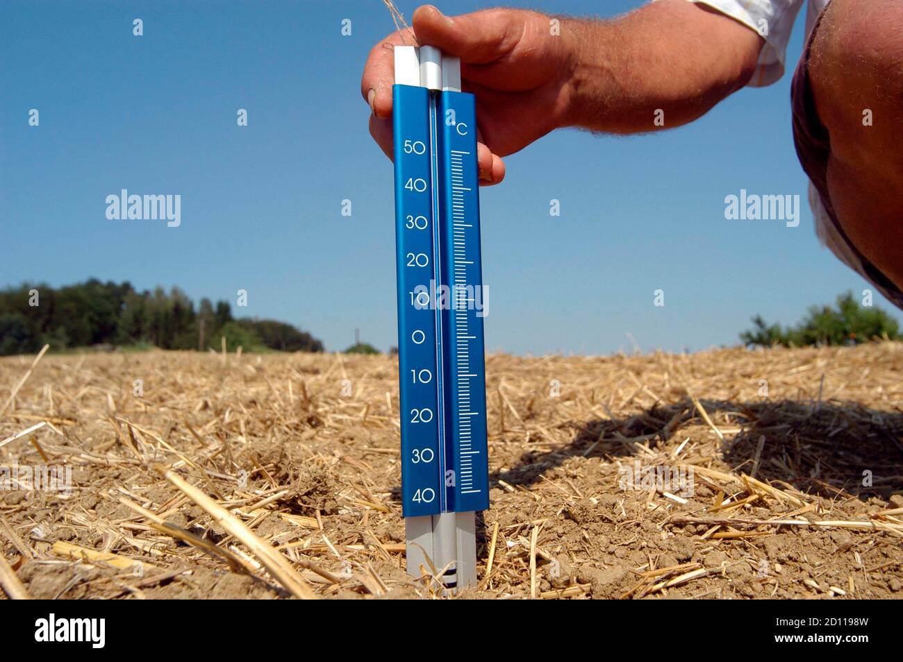 termómetro en el suelo en verano, calor y sequía en la agricultura Foto de stock