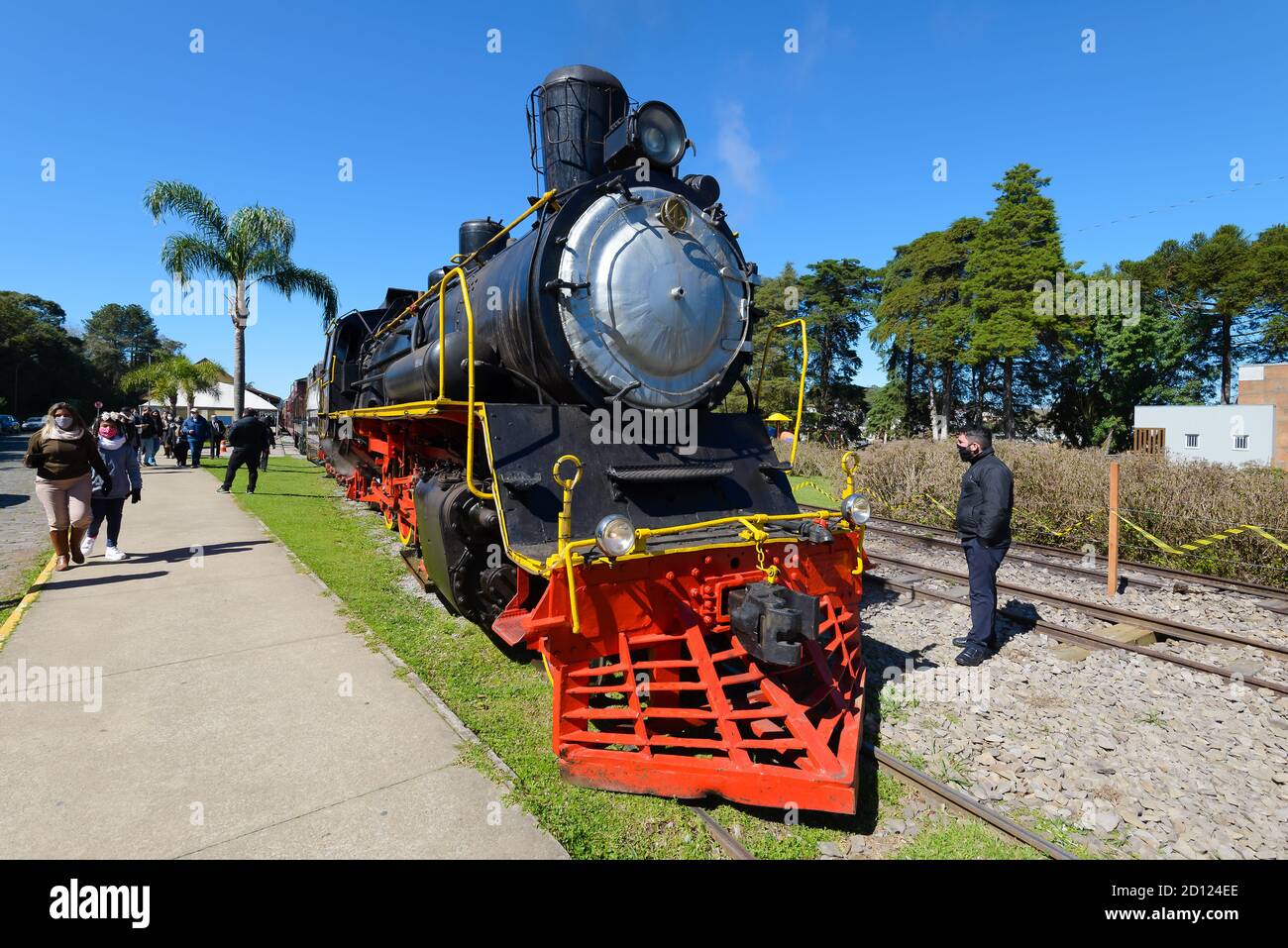 Locomotora de vapor conocida como Maria Fumaça, utilizada por los turistas en Garibaldi, Serra Gaucha, Rio Grande do Sul, Brasil. Tren ALCO Mikado. Foto de stock