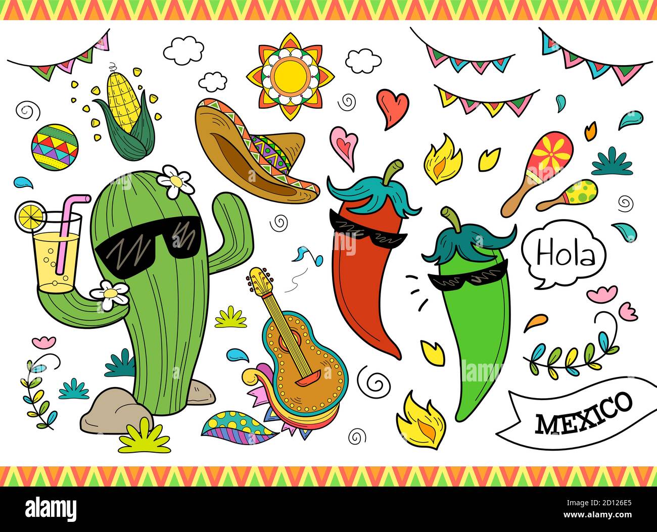 Conjunto de ilustración de dibujos animados, concepto de la cultura de  México, aislado sobre fondo blanco Imagen Vector de stock - Alamy