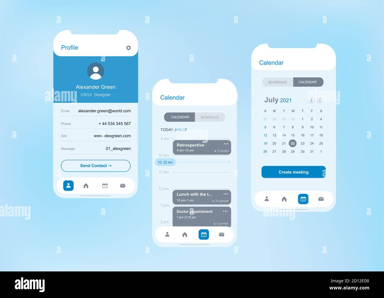 Maquetas de pantalla de plantillas de aplicaciones móviles para el  calendario y organizador de reuniones con página de perfil, colores azul y  blanco claros Fotografía de stock - Alamy
