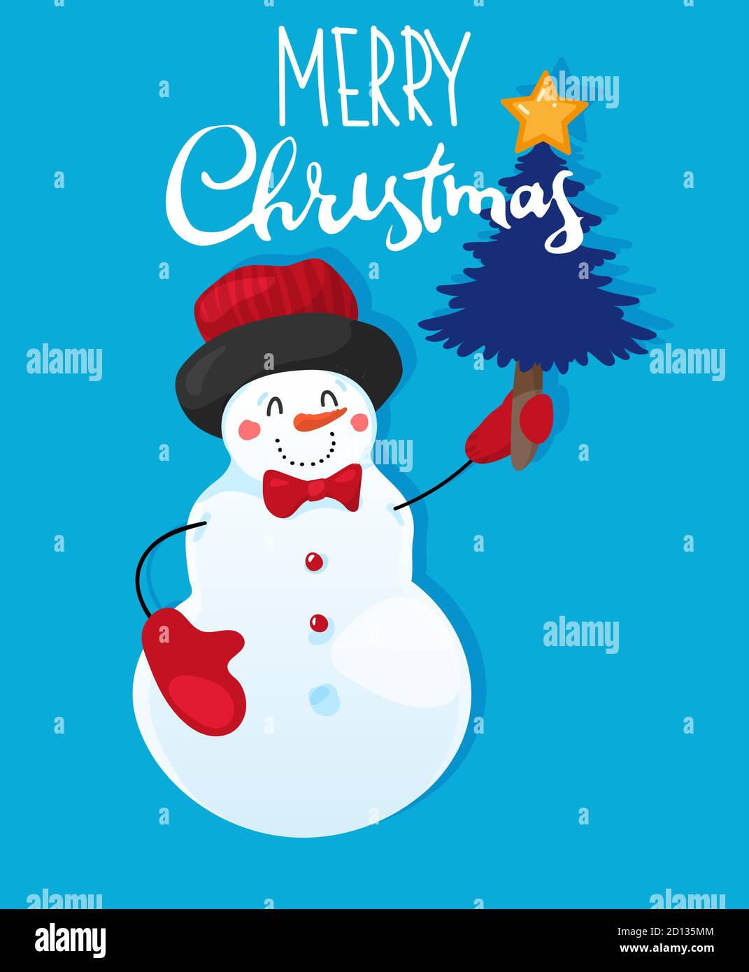 Feliz Navidad y Feliz año nuevo. Mono muñeco de nieve con un árbol de  Navidad sobre un fondo azul con texto. Saludos de temporada. Ilustración de  vector plano Imagen Vector de stock -