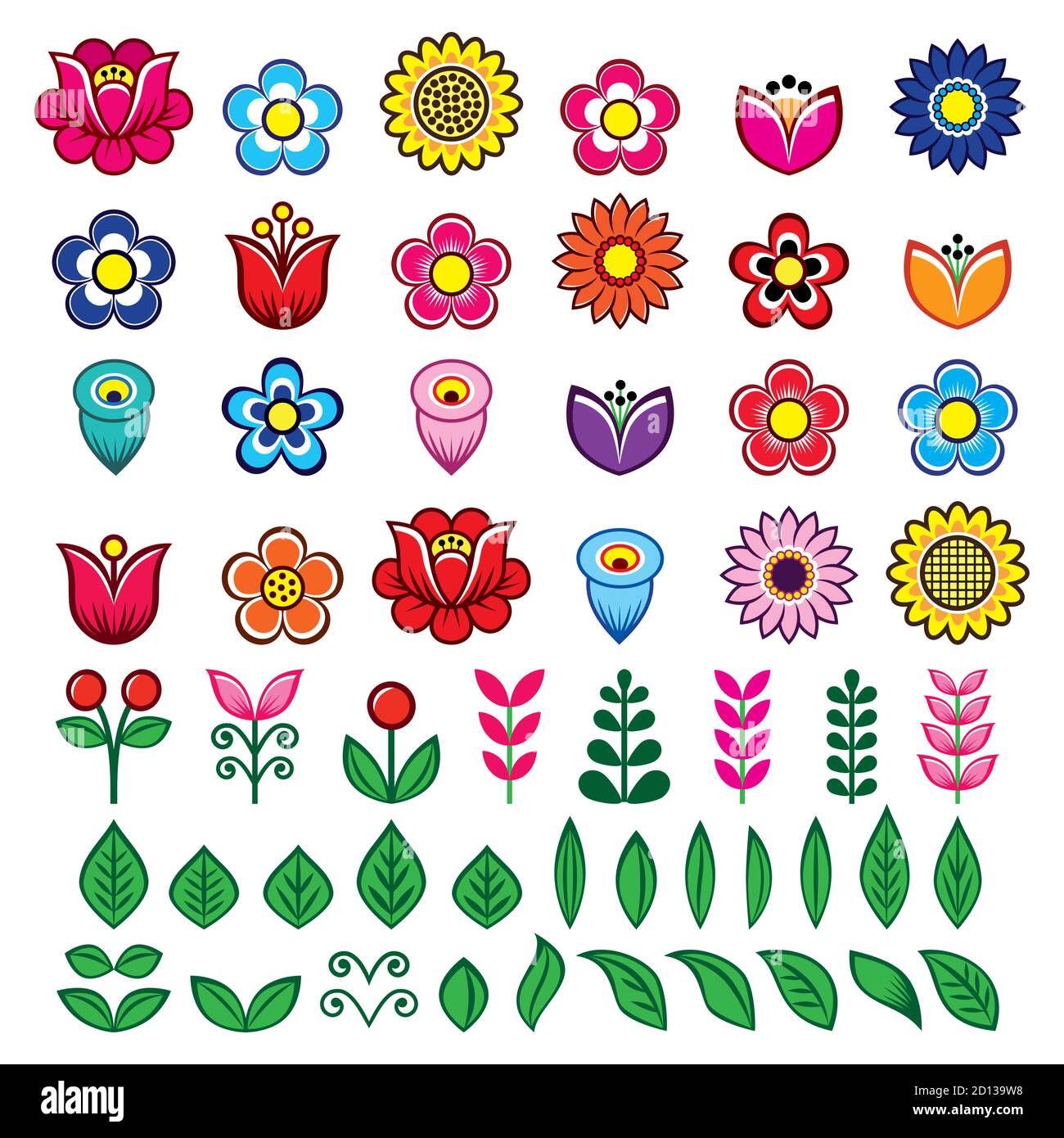 Conjunto de diseño de flores y hojas populares grandes vectores, elementos gráficos retro florales inspirados en patrones de bordado folklórico polaco. Perfecto para impresiones de tela Ilustración del Vector