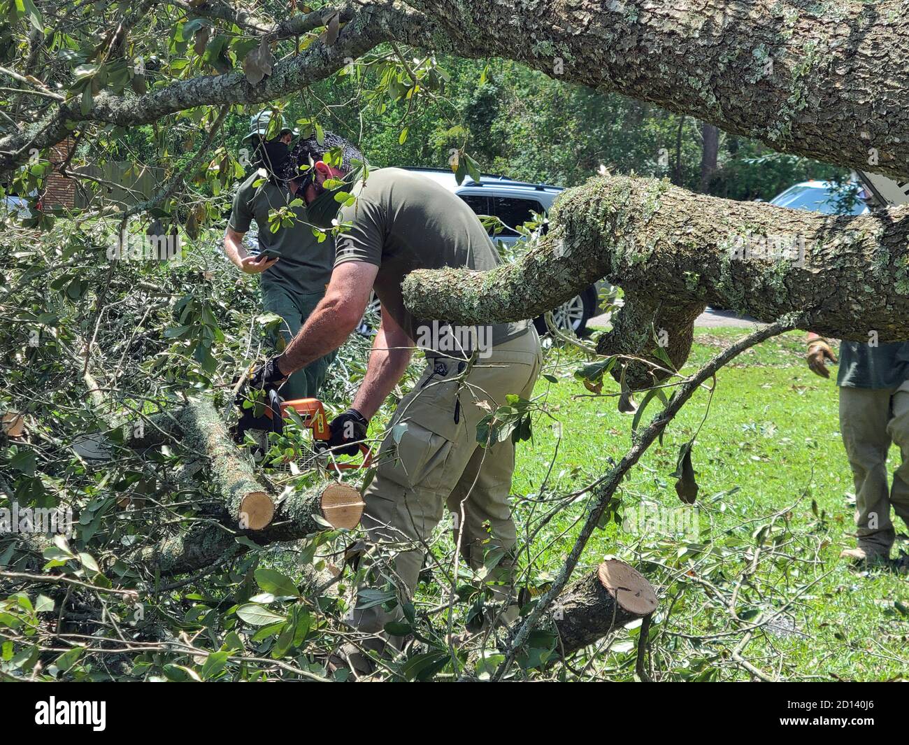 Los oficiales de la CBP y los agentes de la Patrulla Fronteriza de los Estados Unidos ayudan a limpiar un árbol derribado cerca de una casa en Orange, TX. El árbol había sido gravemente dañado por el huracán Laura en el oeste de Texas el 26 de agosto de 2020. CBP Foto de stock