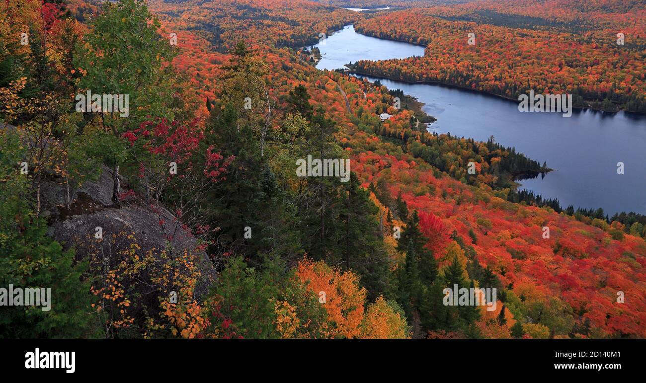 Lago Monroe con color de hoja de otoño en el Parque Nacional Mont Tremblant, Quebec Foto de stock