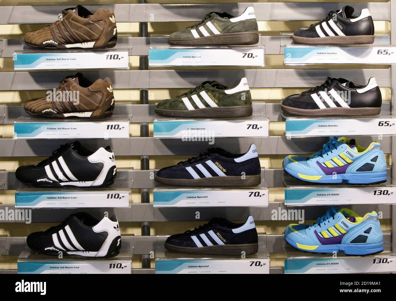 Shoes of Adidas fashion line are pictured in a shoe shop March 3, 2010. Adidas, the world's number two sports goods maker, expects to grow faster this year in North