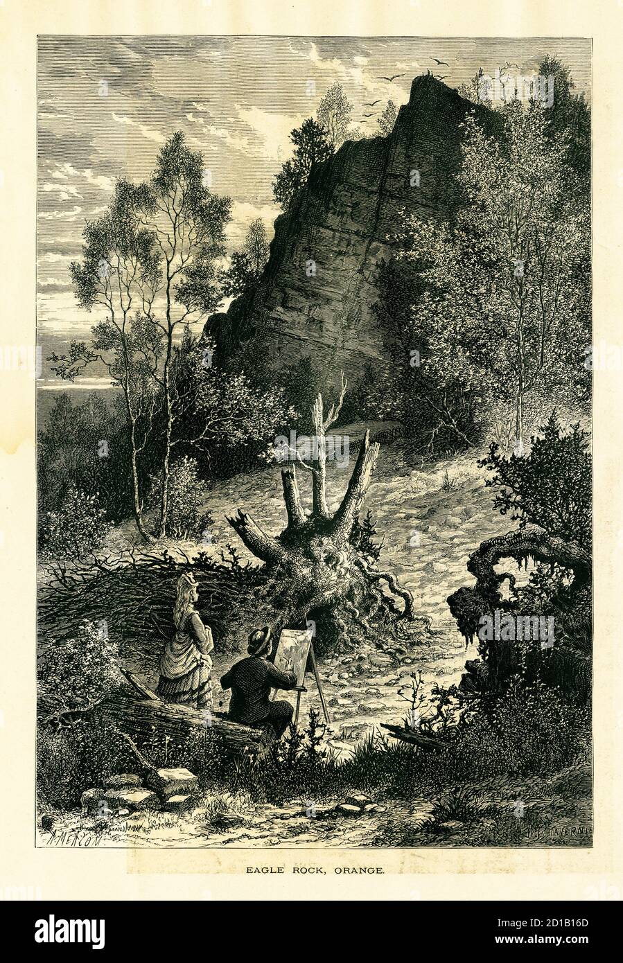Ilustración antigua de Eagle Rock, una roca que sirve como límite entre las ciudades de Montclair y West Orange, estado de Nueva Jersey. Env Foto de stock