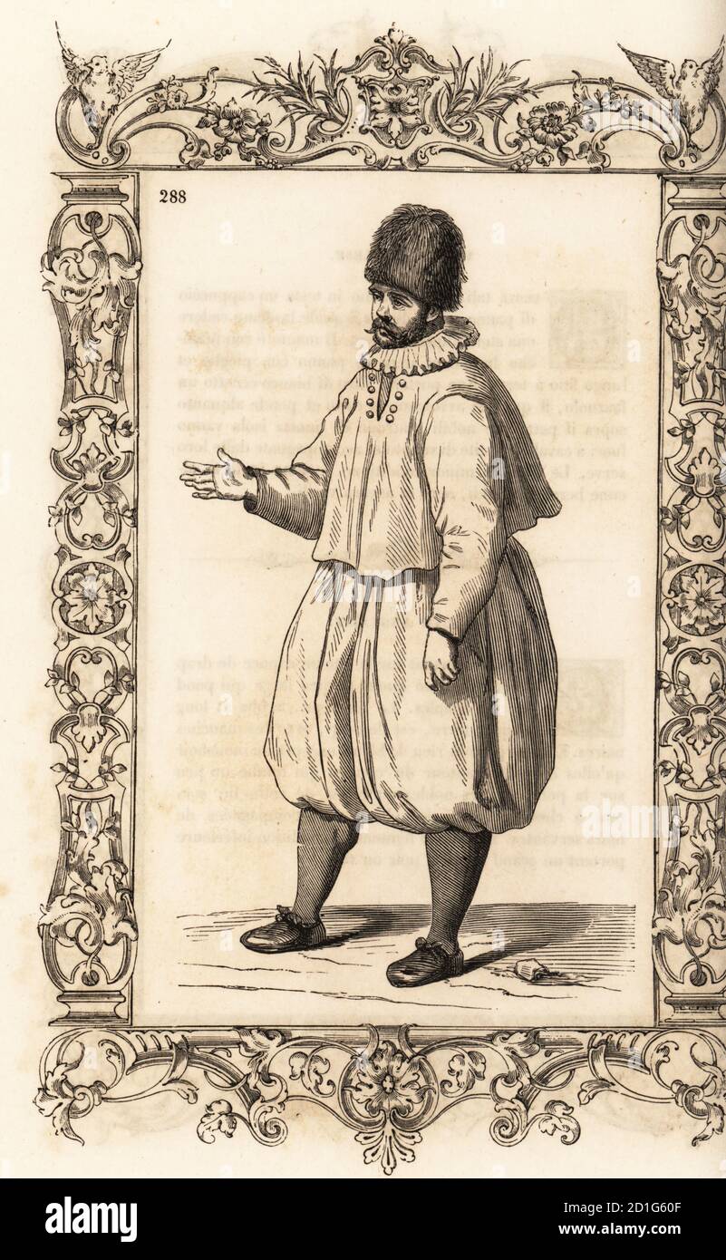 Marinero inglés, siglo XVI. Lleva un sombrero de piel, cuello de ruff, chaqueta anchos hinchados. Marin Anglais. Dentro de un marco decorativo grabado por H. Catenacci y Fellmann. Grabado