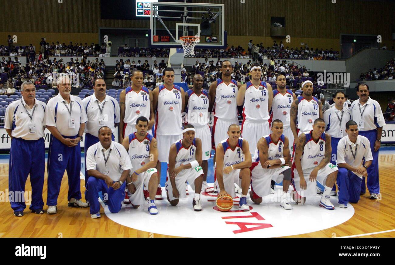 Puerto Rico's national basketball team players and officials pose before  the first round game at the world basketball championships in Sapporo,  northern Japan August 19, 2006. Players are (L-R, top row) Carmelo