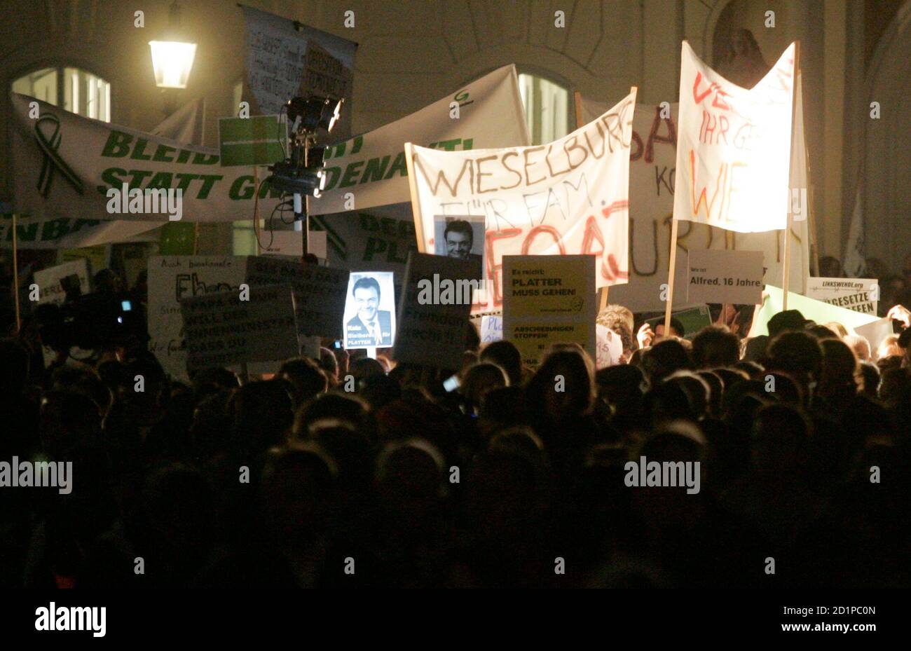 Austrian demonstrators protest against the deportation of asylum-seeking  families in Vienna October 9, 2007. A big debate in Austria started about  the deportation of well-integrated foreigners who seek asylum after a family
