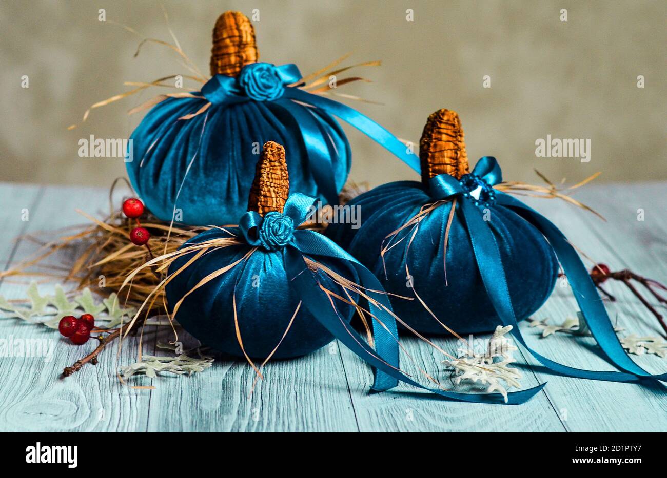 Las hermosas calabazas azules hechas de tela de terciopelo están decoradas con varios elementos y cintas. Decoración del hogar para las vacaciones de Halloween. Decoración de Navidad Fotografía de stock - Alamy Las hermosas calabazas azules hechas de tela de terciopelo están decoradas con varios elementos y cintas. Decoración del hogar para las vacaciones de Halloween. Decoración de Navidad Fotografía de stock - Alamy