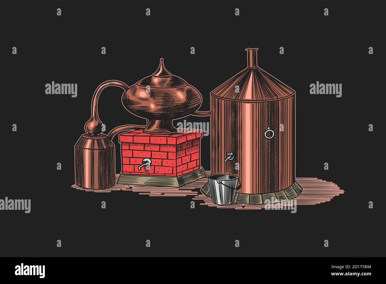 Alcohol destilado. Dispositivo para preparar tequila, coñac y licores. Grabado dibujo de la cosecha dibujado a mano. Estilo de madera. Ilustración vectorial para menú Ilustración del Vector