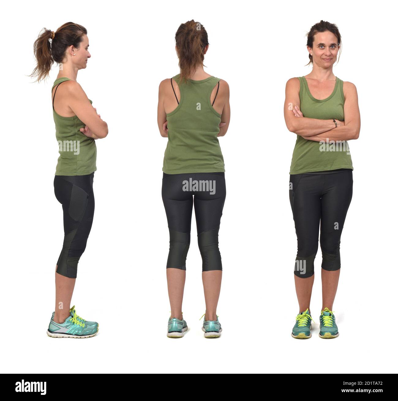 vista frontal, lateral y posterior de una misma mujer con ropa deportiva sobre fondo blanco Foto de stock