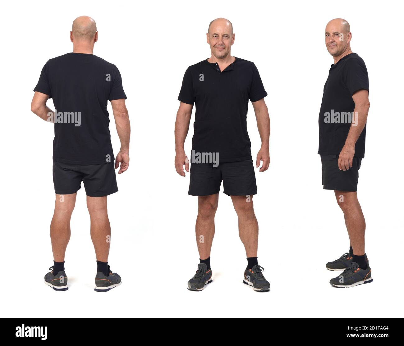vista frontal, lateral y posterior de un mismo hombre que lleva camiseta y pantalón corto deportivo, Foto de stock