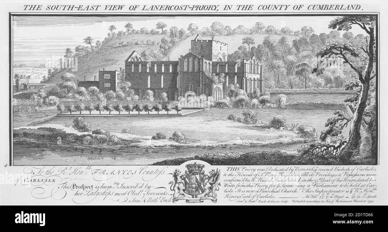 LANERCOST PRIORATO, Cumbria. "Vista del sur este del Priorato Lanercost en el condado de Cumberland" por Samuel y Nathaniel Buck, 1739. Foto de stock