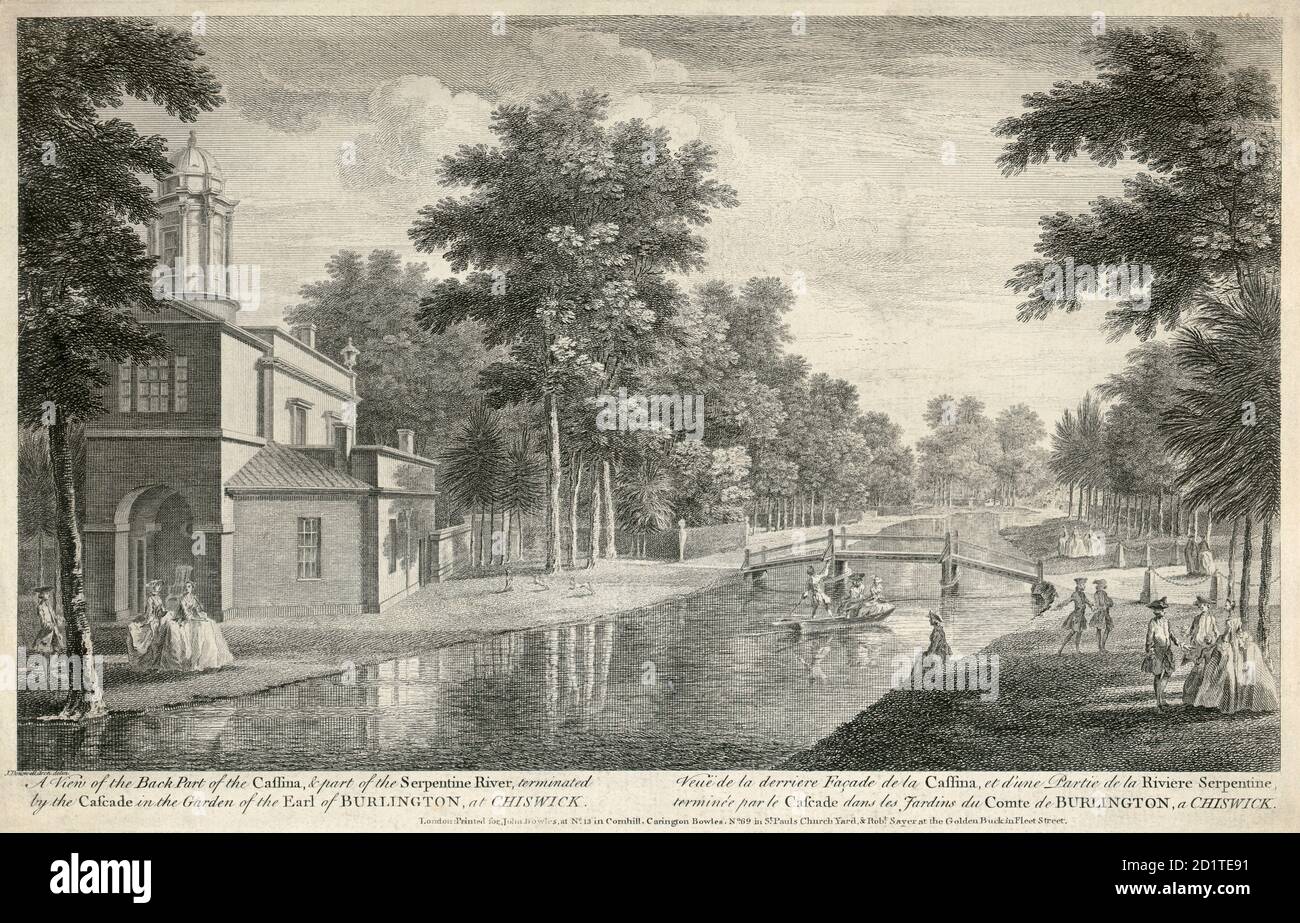 CHISWICK HOUSE, Burlington Lane, Hounslow, Londres. 'Una vista de la parte trasera de la Cassina y parte del río Serpentine terminado por la cascada en el jardín del conde de Burlington en Chiswick.' Título también en francés. La Cassina (Casa pequeña) también se conoce como el Bagnio (Casa de Baños). El río Serpentine fue creado por el paisajismo y la canalización de Bollo Brook. Grabado fechado en 1750. COLECCIÓN MAYSON BEETON Foto de stock