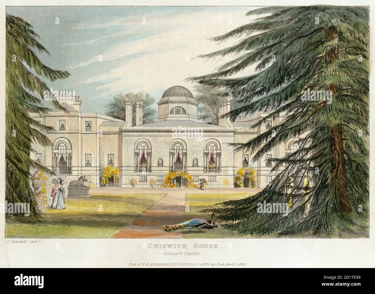 CHISWICK HOUSE, Burlington Lane, Hounslow, Londres. "Frente al jardín". Grabado color de aguatinta fechado en 1823. No.4 del repositorio de Ackermann de la colección de arte MAYSON BEETON Foto de stock