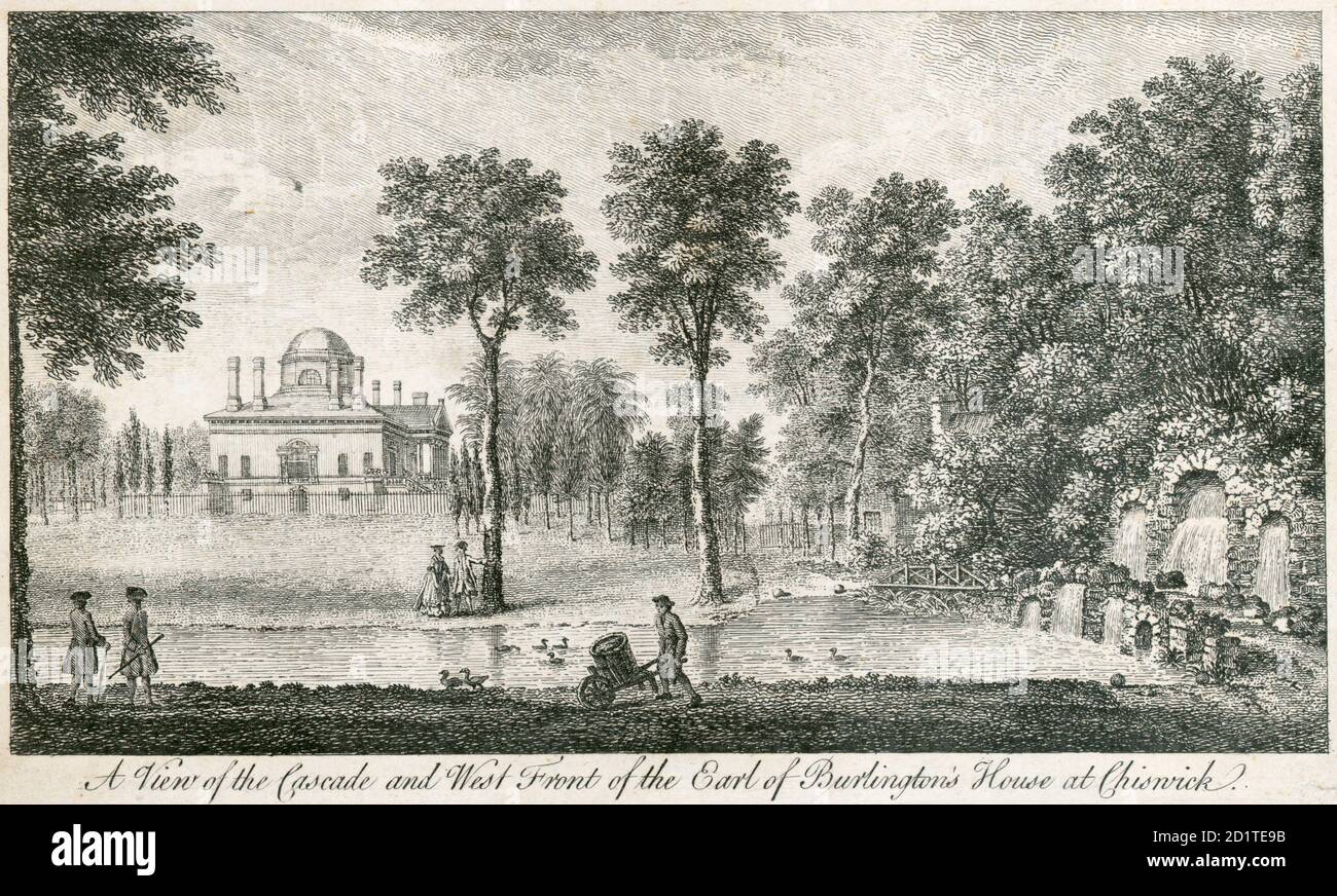 CHISWICK HOUSE, Burlington Lane, Hounslow, Londres. 'Una vista de la Cascada y frente Oeste de la casa de Earl of Burlington en Chiswick'. El río Serpentine, que termina en la cascada, fue creado por el paisajismo y la canalización de Bollo Brook. Grabado fechado en 1750. COLECCIÓN MAYSON BEETON Foto de stock
