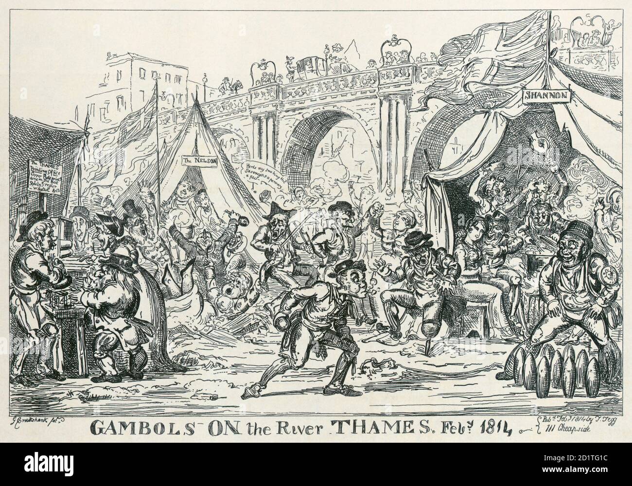 RÍO TÁMESIS, Londres. 'Gambols on the River Thames, febrero de 1814'. Dibujos animados por Cruikshank. De la Colección de Beeton Mayson. Foto de stock