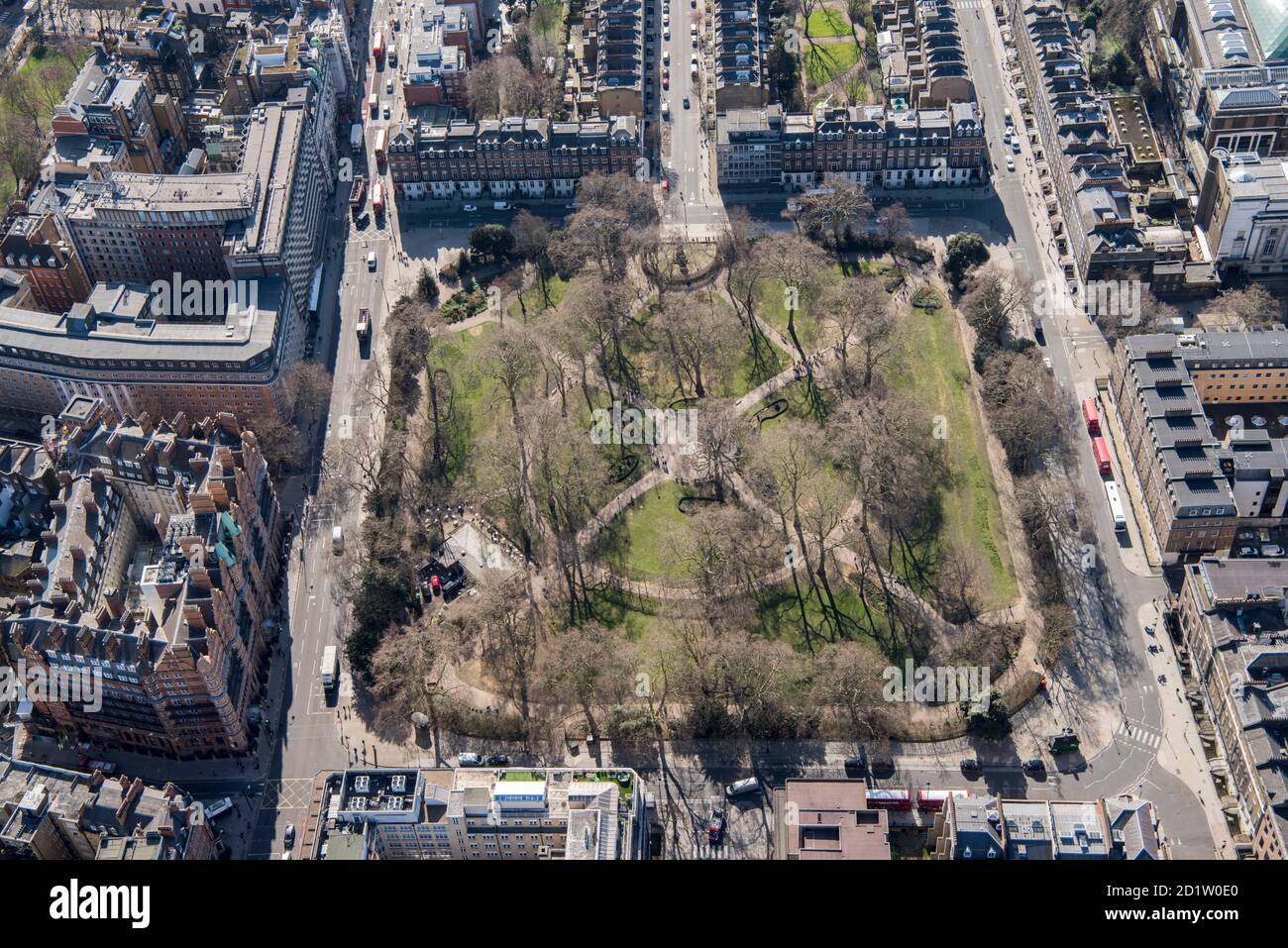 Russell Square Gardens, diseñado por Humphry Repton, Bloomsbury, Londres, 2018, Reino Unido. Vista aérea. Foto de stock