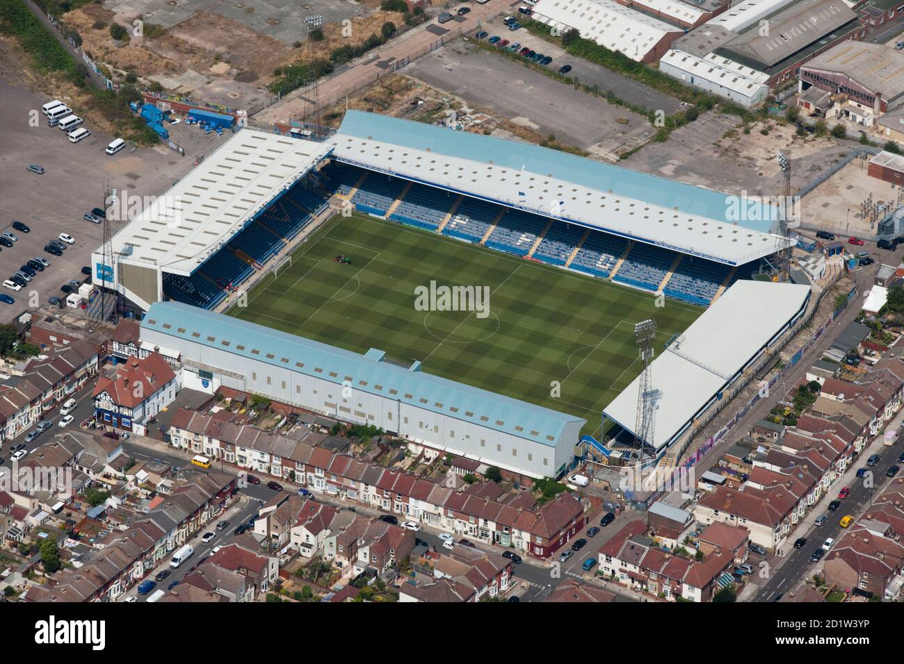 Fratton Park, sede del club de fútbol de Portsmouth, Portsmouth, Hampshire, Reino Unido. 2014. Vista aérea. Foto de stock