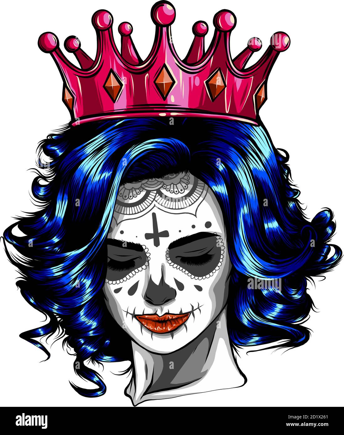 Reina de la muerte. Retrato de un cráneo con una corona y pelo largo. Ilustración del Vector