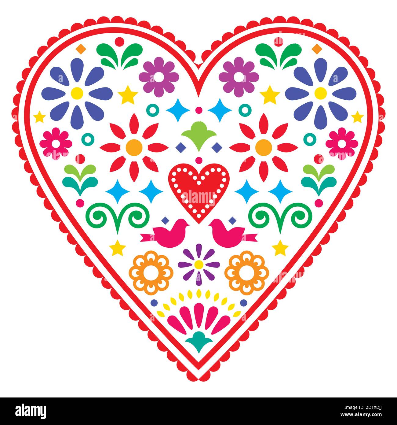 Corazón mexicano arte popular vector diseño, día de San Valentín o boda  invitación tarjeta de felicitación con aves y flores Imagen Vector de stock  - Alamy