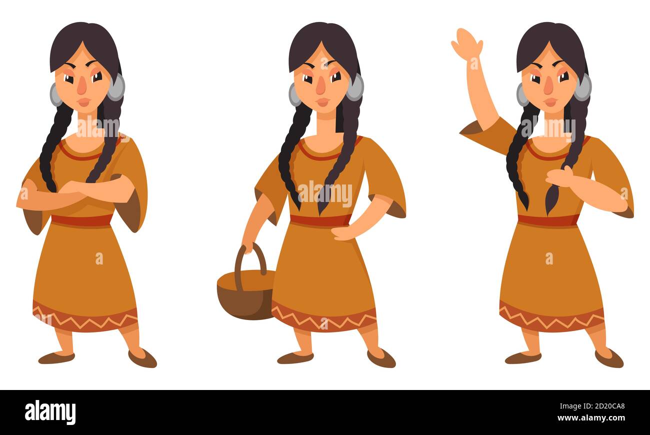 Niña nativa americana en diferentes poses. Personaje femenino en estilo de dibujos animados. Ilustración del Vector
