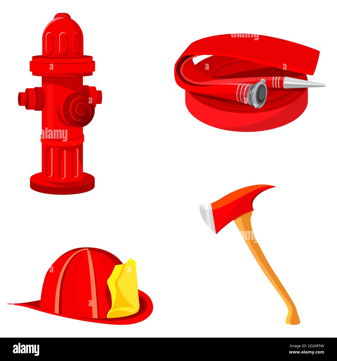 Equipo contra incendios. Hidrante, manguera, casco y hacha en estilo de dibujos  animados Imagen Vector de stock - Alamy