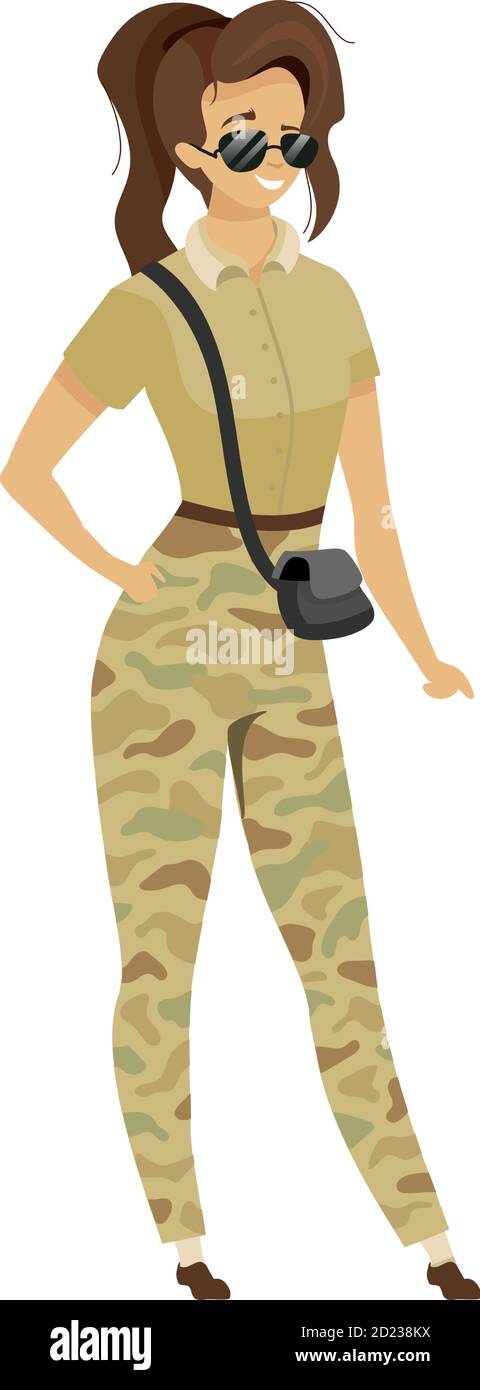 Ilustración vectorial de color plano de expeditioner. Mujer turista en ropa  de camuflaje con gafas de sol. Aventurero en uniforme de estilo militar.  Mujer Imagen Vector de stock - Alamy