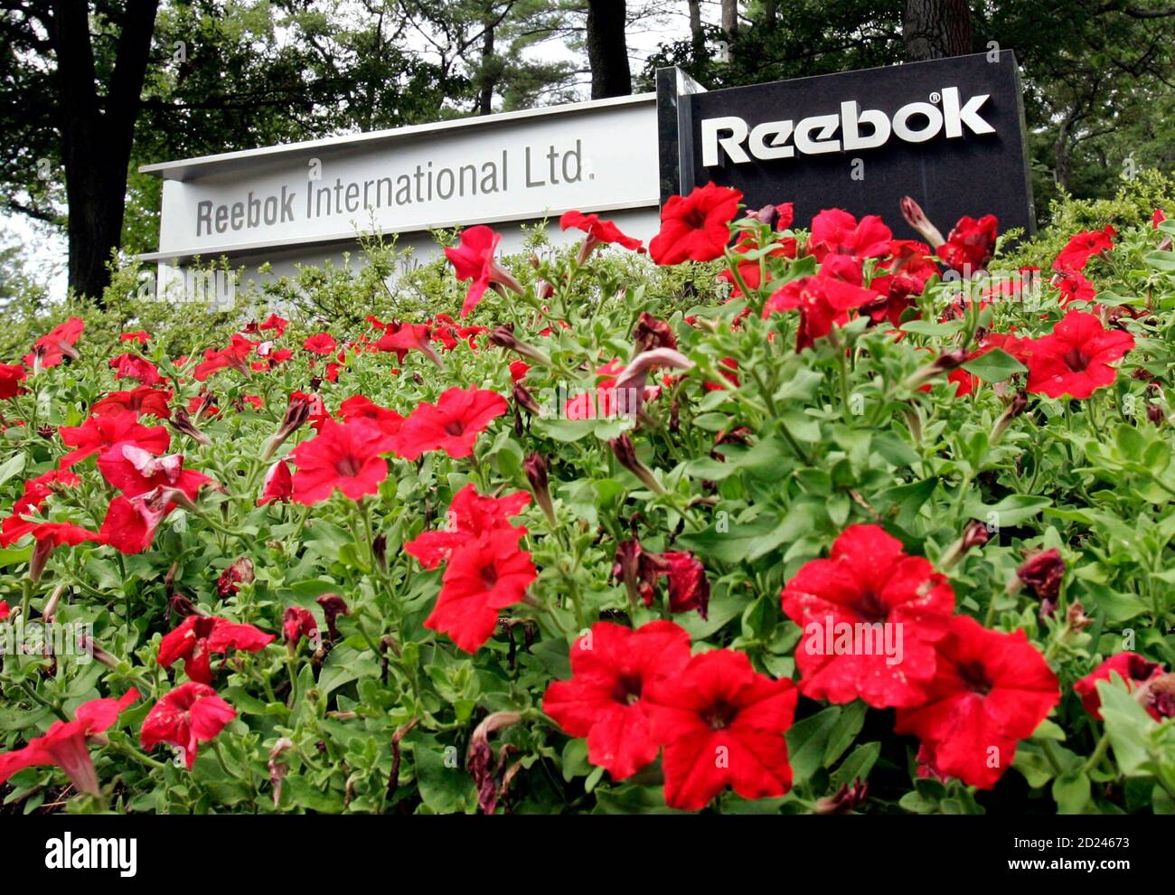 Significativo café domesticar Flowers surround a sign at the entrance to the world headquarters of Reebok  in Canton, Massachusetts August 3, 2005. [Germany's Adidas-Salomon is to  buy rival sporting goods firm Reebok in a deal