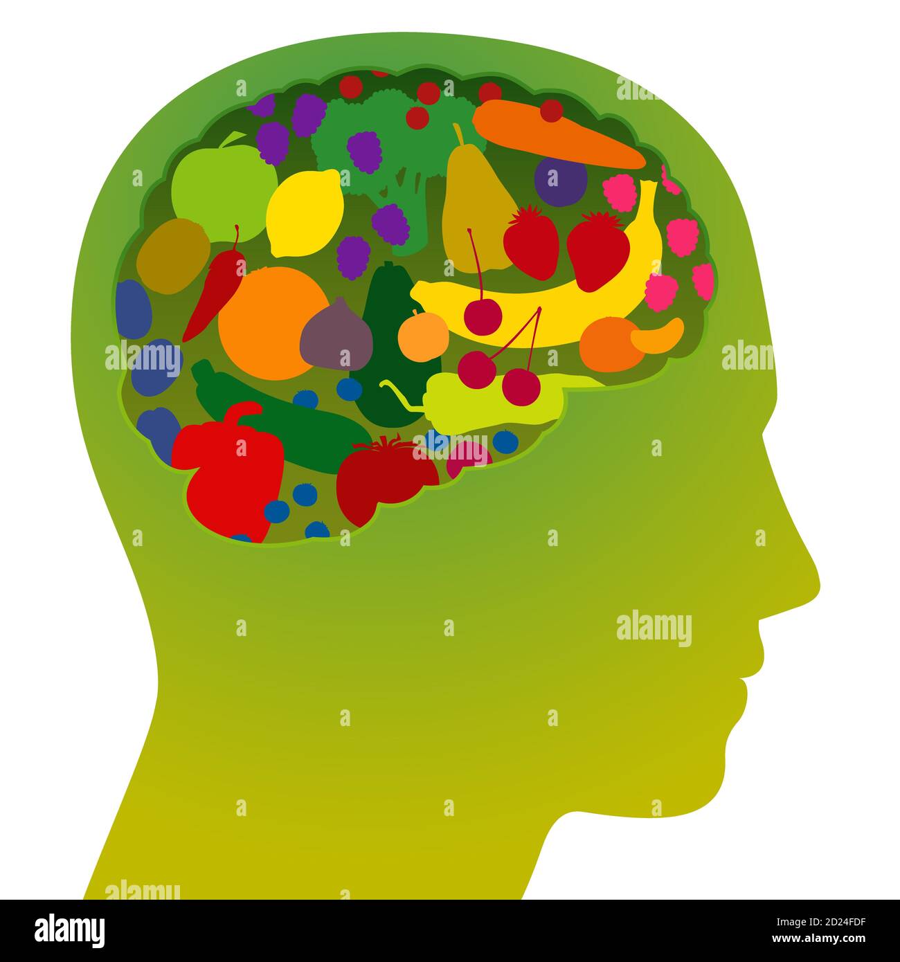 Cerebro con frutas y verduras de colores, como un símbolo de alimentos saludables, nutritivos y ricos en vitaminas para vegetarianos y vegetarianos conscientes de la salud. Foto de stock