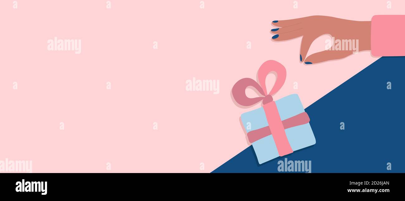 Ilustración vectorial. Banner web de saludo con una caja de regalo azul y una mano femenina. Arcos rosas. Espacio para el texto. Ilustración del Vector