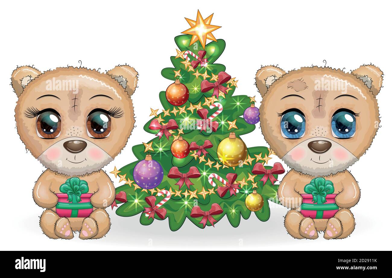 Un par de oso de peluche de dibujos animados de Cute con grandes ojos y un  regalo de Navidad en patas cerca de un árbol de Navidad. Feliz Navidad y  Feliz año