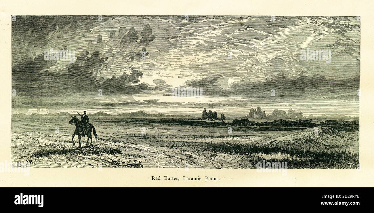 Grabado antiguo de Buttes rojos, formaciones rocosas en Laramie Plains