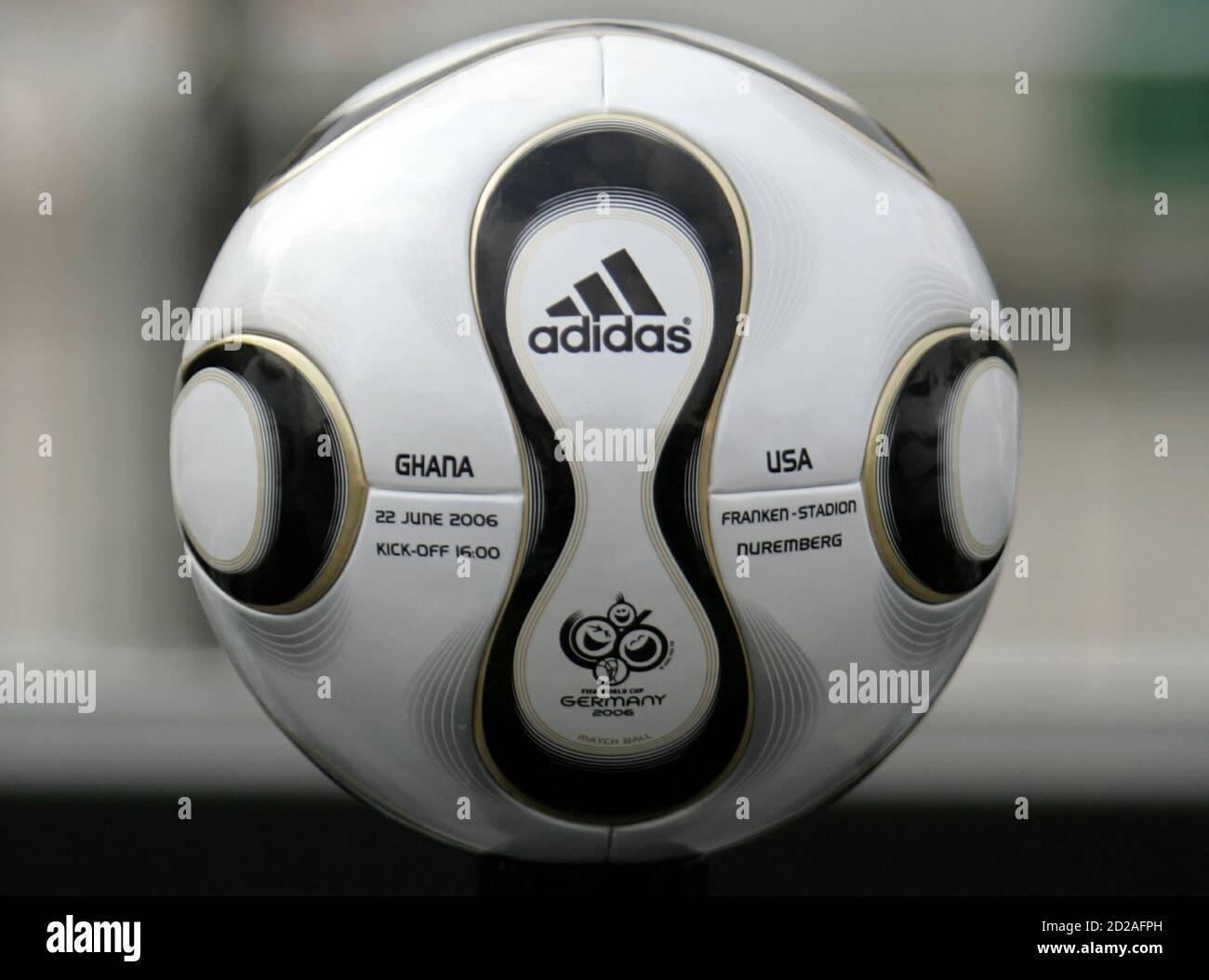 The soccer ball for the FIFA 2006 Soccer World Cup match between Ghana and  USA in Nuremberg is presented to the [media] in Berlin April 18, 2006.  [President of Germany's World Cup