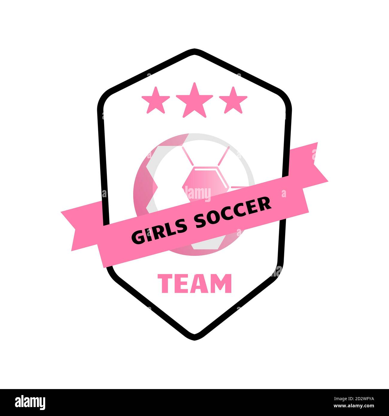 Diseño de logotipo de fútbol para mujeres y niñas con balón en escudo.  Simple vector de fútbol etiqueta o emblema en colores rosa. Equipo de fútbol  para chicas Imagen Vector de stock -